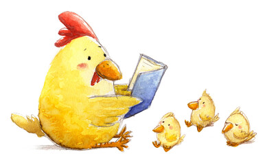 Hen reading a book to chicks