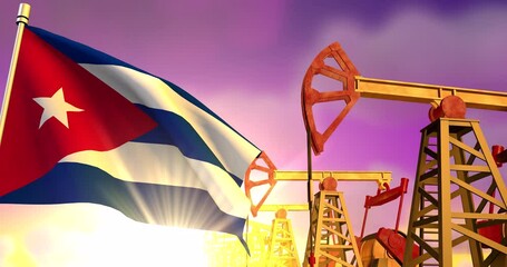 Wall Mural - Cuba flag on background of oil wells