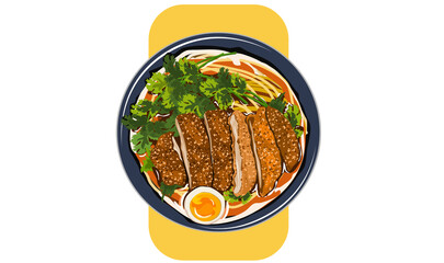 Isolated Noodles with Tonkatsu and egg. Japanese ramen realistic vector illustration on white background. 