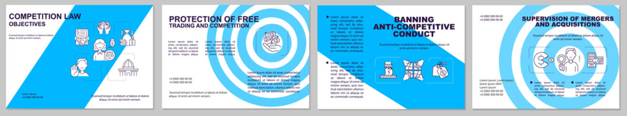 Competition law objectives brochure template. Anti competitive. Flyer, booklet, leaflet print, cover design with linear icons. Vector layouts for presentation, annual reports, advertisement pages