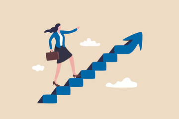 Career success for woman or female leadership, goal achievement and business challenge or gender equality concept, confidence businesswoman take small step walking up staircase with arrow pointing up.
