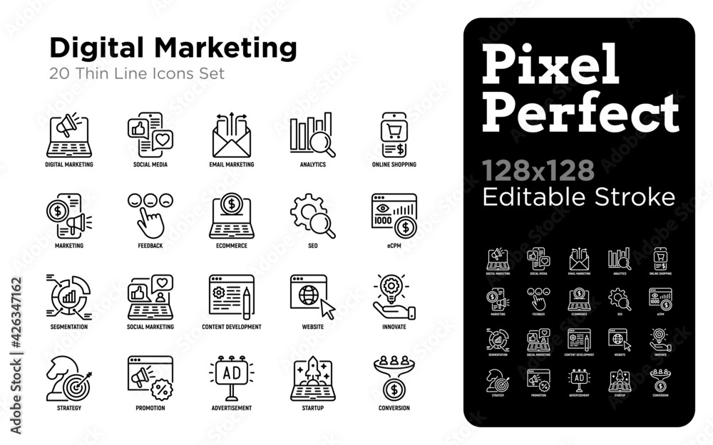 Digital marketing thin line icon set. Social media, advertising, e-mail ...