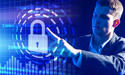 Poster - information protection. the businessman presses the symbolic lock on the touch panel. data security.