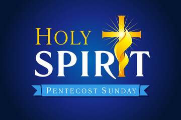 Wall Mural - Holy Spirit, Pentecost Sunday with cross in fire. Invitation vector banner template from service of Pentecost with text and cross in tongue of flame