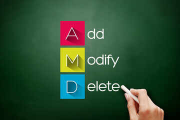 Poster - AMD - Add, Modify, Delete acronym, business concept background on blackboard