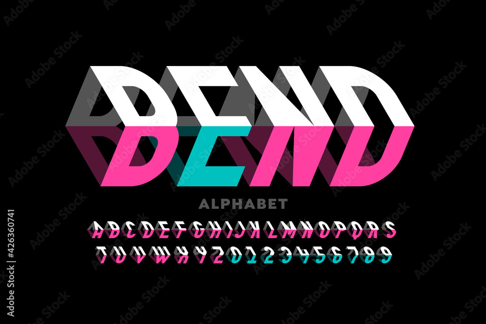 Bending 3D style font design, typography design, alphabet letters and numbers - obrazy, fototapety, plakaty 