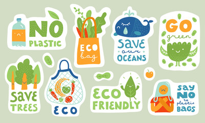 Ecological stickers. Collection of ecology stickers with slogans - no plastic, eco bag, save our oceans, save trees, eco friendly, say no to plastic bags. Bundle of bright vector design elements.