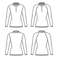 Wall Mural - Set of Zip-up Sweaters technical fashion illustration with rib henley neck, classic collar, long raglan sleeves, fitted body, knit trim. Flat apparel front, back, white color. Women, unisex CAD mockup