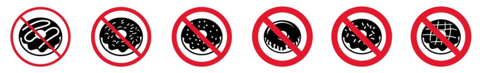 Wall Mural - Prohibition Sign Donut Forbidden Icon Set | Donut Food Prohibition Signs Prohibited Vector Illustration Logo | Donut Prohibition Sign Isolated Collection