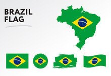 Various Designs Of The Brazil Flag And Map. World Flags. Vector Set. Circle Icon. Brush Stroke. Template For Independence Day.