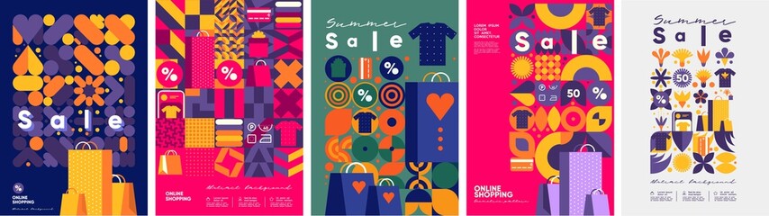 Wall Mural - Online shopping and sale. Set of flat vector illustrations. Minimalistic background illustrations for sales, advertisements, coupons. Geometric pattern of store symbols and icons. Banner, poster.