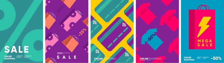 Online shopping and sale. Set of flat vector illustrations. Minimalistic background illustrations for sales, advertisements, coupons. Banner, poster, flyer.