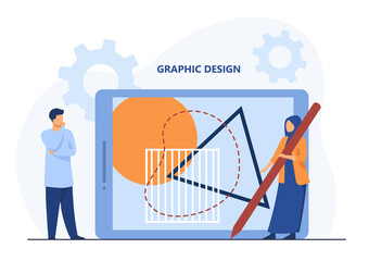 Poster - Tiny people creating graphic design on giant tablet. Stylus, creation, art flat vector illustration. Digital technology and profession concept for banner, website design or landing web page