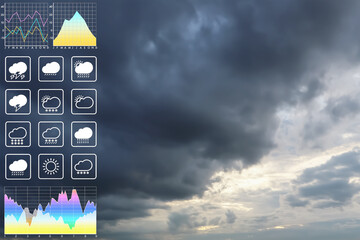 Wall Mural - weather forecast symbol data presentation with graph and chart on dramatic tropical storm clouds and