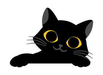 Black cute cat is smiling on white background