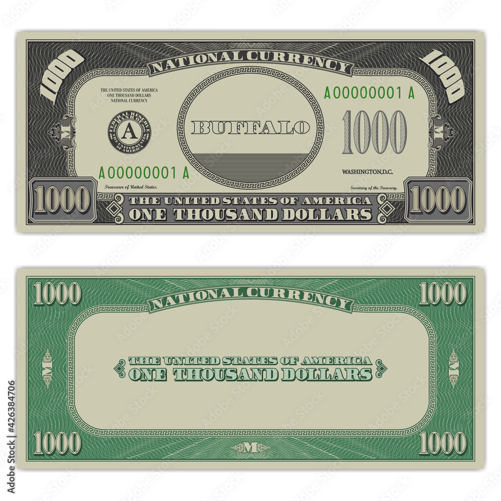 USA fictional paper money. Obverse and reverse of a 1000 dollar banknote.  Gray and green frame with guilloche mesh. Buffalo 스톡 벡터 | Adobe Stock