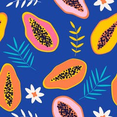 Wall Mural - vector seamless pattern with papaya fruits and palm leaves. bright pattern in a flat style for printing onto fabric, wrapping paper. summer background
