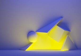 Poster - 3d background. Background texture with volumetric geometric shapes. Blue pattern. Rendering 3d elements on a blue background. Yellow-blue texture. Wallpaper with 3d elements in non-visibility.
