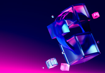 Poster - Abstract three-dimensional background for site. Cubes on neon background. Blue-lilac pattern. Abstract background with 3d element. 3D rendering symbolizes innovation. Wallpaper on theme of innovation
