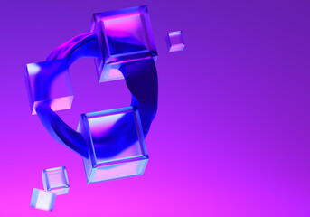 Poster - Background neon lilac. Background neon with abstract elements. Digital technology concept. background digital. Wallpaper on theme of technology. Digital pattern. 3D  Cubes chained together.
