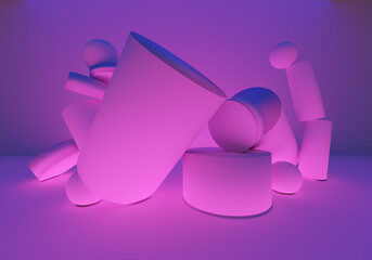 Poster - Abstract lilac background. Pink background with fragments of columns. Geometric background. Neon pattern. Lots of abstract 3D figures in non-visibility. Three dimensional neon pattern texture.