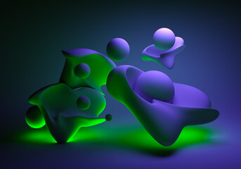 Poster - 3d background rendering of colorful liquid drops. Background with green neon glow. Abstract splashes of liquid on a dark blue background. Abstract three-dimensional pattern. 