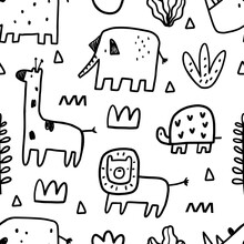 Vector Seamless Hand Drawn Doodle Pattern With Safari Animals And Tropical Plants. Vector Texture In Childish Style Great For Fabric And Textile, Wallpapers, Backgrounds.