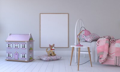 Kids Room, Play house, kids furniture with toy and frame mockup