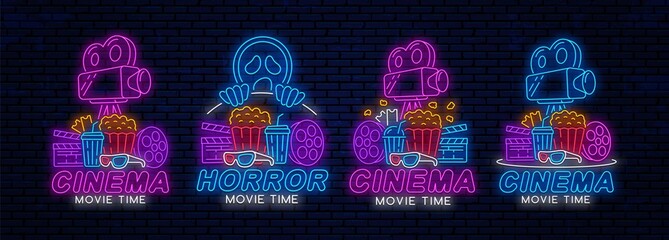 Poster - Set of Cinema neon signs or logos. Cinema glowing night banner design template. Neon signboard for movie theater. Movie logo.