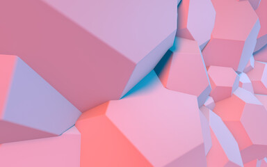 Poster - Abstract background with 3D shapes flying in pink and blue light as a messy array or chaotic structure for any pastel backdrop. 3D illustration
