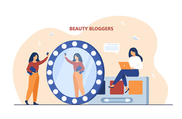 Poster - Tiny happy beauty blogger shooting video. Mirror, blog, laptop flat vector illustration. Cosmetics and digital technology concept for banner, website design or landing web page