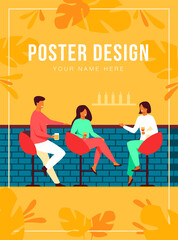 Leisure time in bar concept. Happy people sitting at counter, drinking wine and beer in pub, talking and laughing. Vector illustration for alcohol, celebration, meeting with friends topics