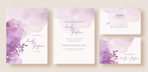 Wall Mural - Purple abstract splash with floral shape on wedding invitation card
