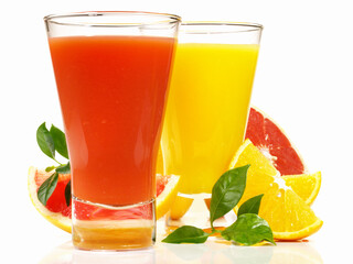 Orange and Grapefruit Juice on white Background - Isolated