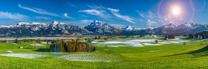 Poster - beautiful rural landscape in Bavaria with mountain range and meadow at springtime