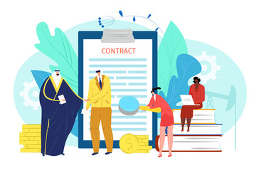 Wall Mural - Flat contract concept, business agreement and partnership, vector illustration. Man woman people character make success deal. Businessman partner