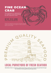 Wall Mural - Fine Ocean Seafood. Abstract Vector Packaging Design or Label. Modern Typography and Hand Drawn Squid Sketch Silhouette with Sea Lighthouse Background Layout