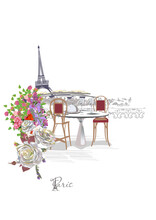 Design With The Eiffel Tower, A Cup Of Coffee And A Café Entrance. Lantern Decorated With Flowers. Hand Drawn Vector Illustration.