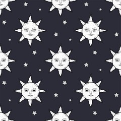 seamless pattern for astrology, celestial alchemy. Heavenly art for the zodiac, tarot, device of the universe, crescent moon with a face, clouds, sun with the moon on a black background. Esoteric 