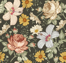 Seamless Pattern Chamomile Roses Hibiscus Mallow Wildflowers Beautiful Fabric Blooming Realistic Isolated Flowers. Vintage Background Tapestry Wallpaper Drawing Engraving Vector Victorian Illustration