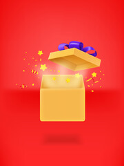 Poster - Opened gift box with confetti on red background