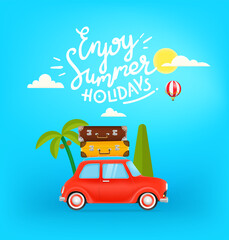 Poster - Tour around the world. Vector illustration with green bus, palms and lettering inscription