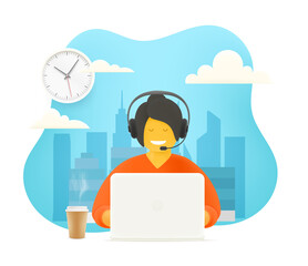 Poster - Hotline support concept. Woman working with people. 3d style cute illustration