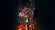 Grilled Beef Steak On A Dark Background. Expensive Marbled Beef Of The Highest Grade Fried To Rare On The Grill