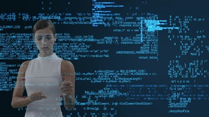 Poster - animation of data processing over businesswoman touching interactive screen