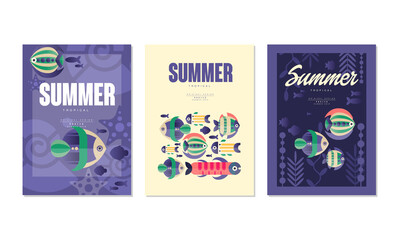 Wall Mural - Summer Card Templates Set, Summer Holidays Banner, Poster Templates with Cute Tropical Fishes Vector Illustration