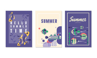 Wall Mural - Hello Summer Time Cards Set, Summer Vacation, Sea, Travel Banner, Poster Templates with Cute Tropical Fishes Vector Illustration