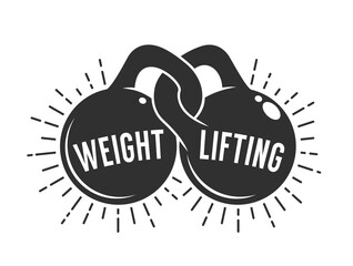 Weight lifting athletic club logo with two kettlebells. Gym vintage emblem. Vector retro illustration.