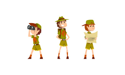 Poster - Scouting Boys Set, Boy Scouts Wearing Khaki Uniform Looking Binoculars, Examining Map Vector Illustration