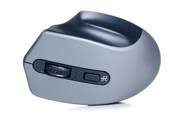 Black gray PC mouse in hand on white background isolation